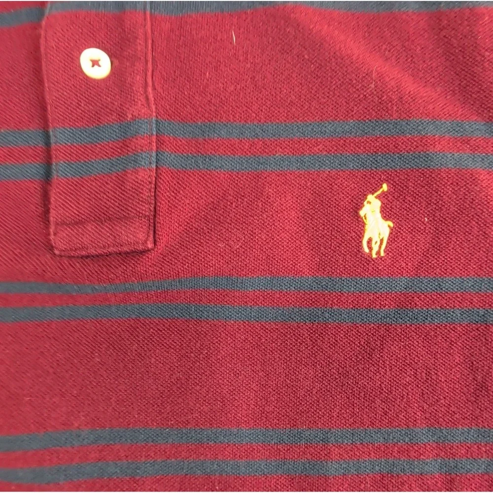 Ralph Lauren Polo Shirt Mens Large Maroon Navy Striped Cotton Preppy Campus L
